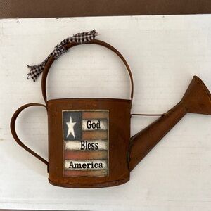 Rustic Metal Decor Watering Can with Patriotic Design